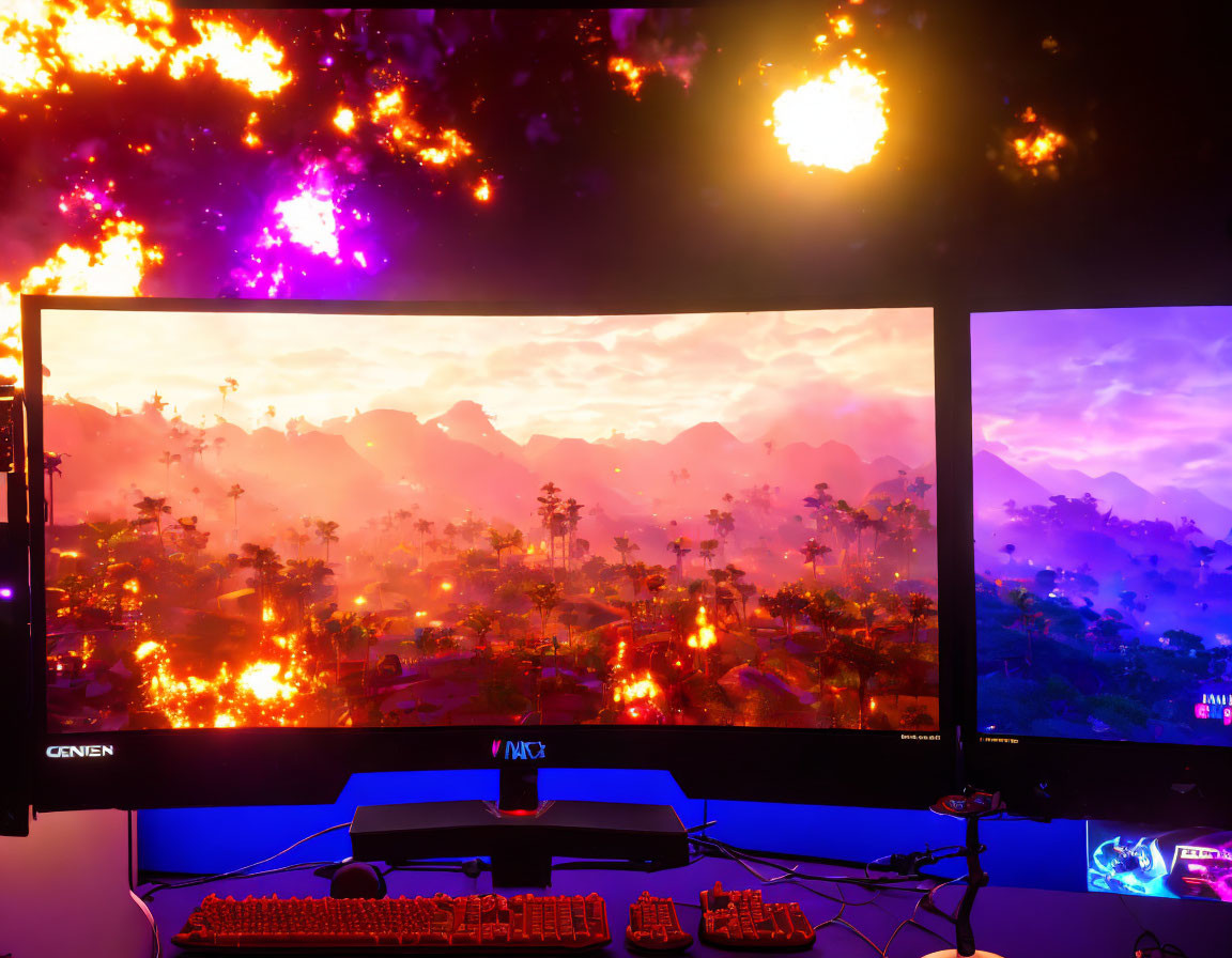 Vibrant purple and orange dual-monitor PC gaming setup with backlit keyboard and fiery mountain landscape.