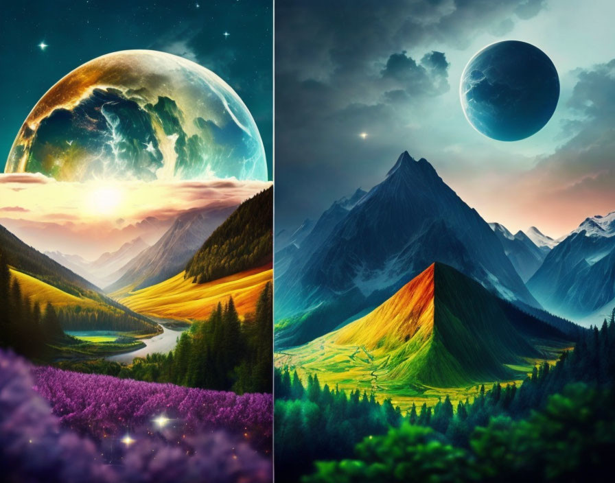 Surreal landscapes: oversized planets in sky, sunrise & flower field, mountains & starry sky