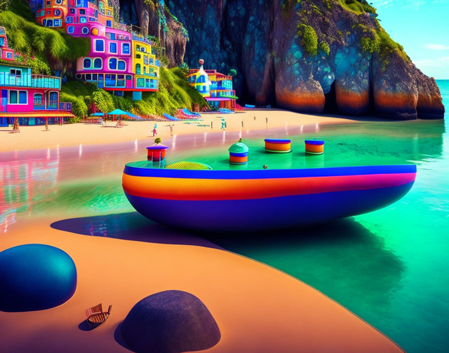 Vibrant multicolored boat on a whimsical beach scene