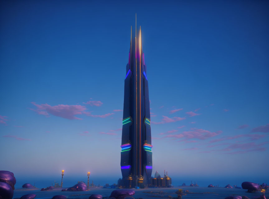 Futuristic skyscraper with neon lights at twilight