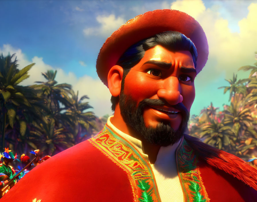 3D animated male character in red sombrero and jacket against tropical backdrop