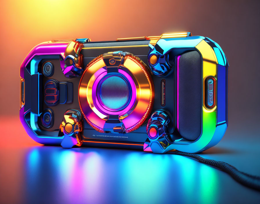 Colorful futuristic boombox with illuminated dials and speaker on gradient background