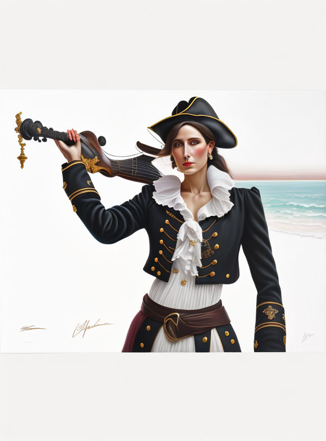 Woman in pirate outfit with violin sword on beach