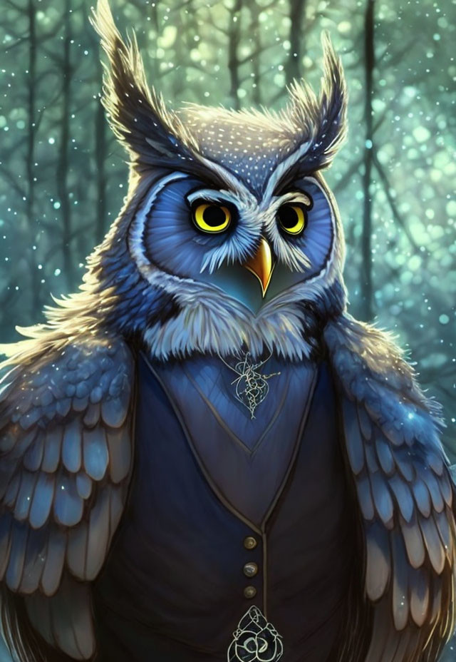 Anthropomorphic owl illustration with blue feathers and pendant