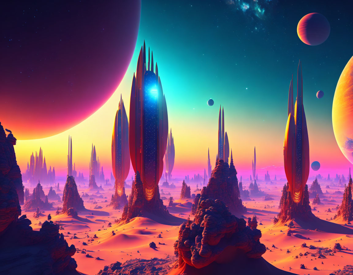 Vivid Sci-Fi Landscape with Alien Structures and Celestial Bodies