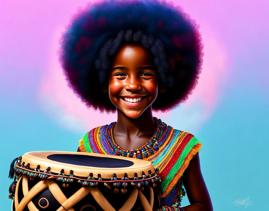 Young girl playing djembe drum with bright smile and colorful beaded necklace against vibrant turquoise background