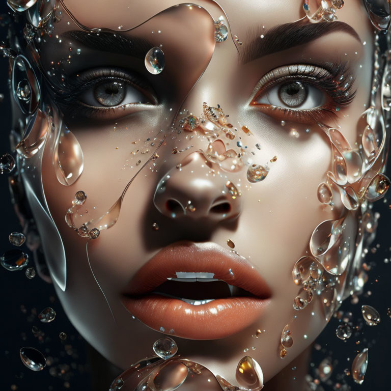 Woman's face with bubbles and water droplets for surreal effect