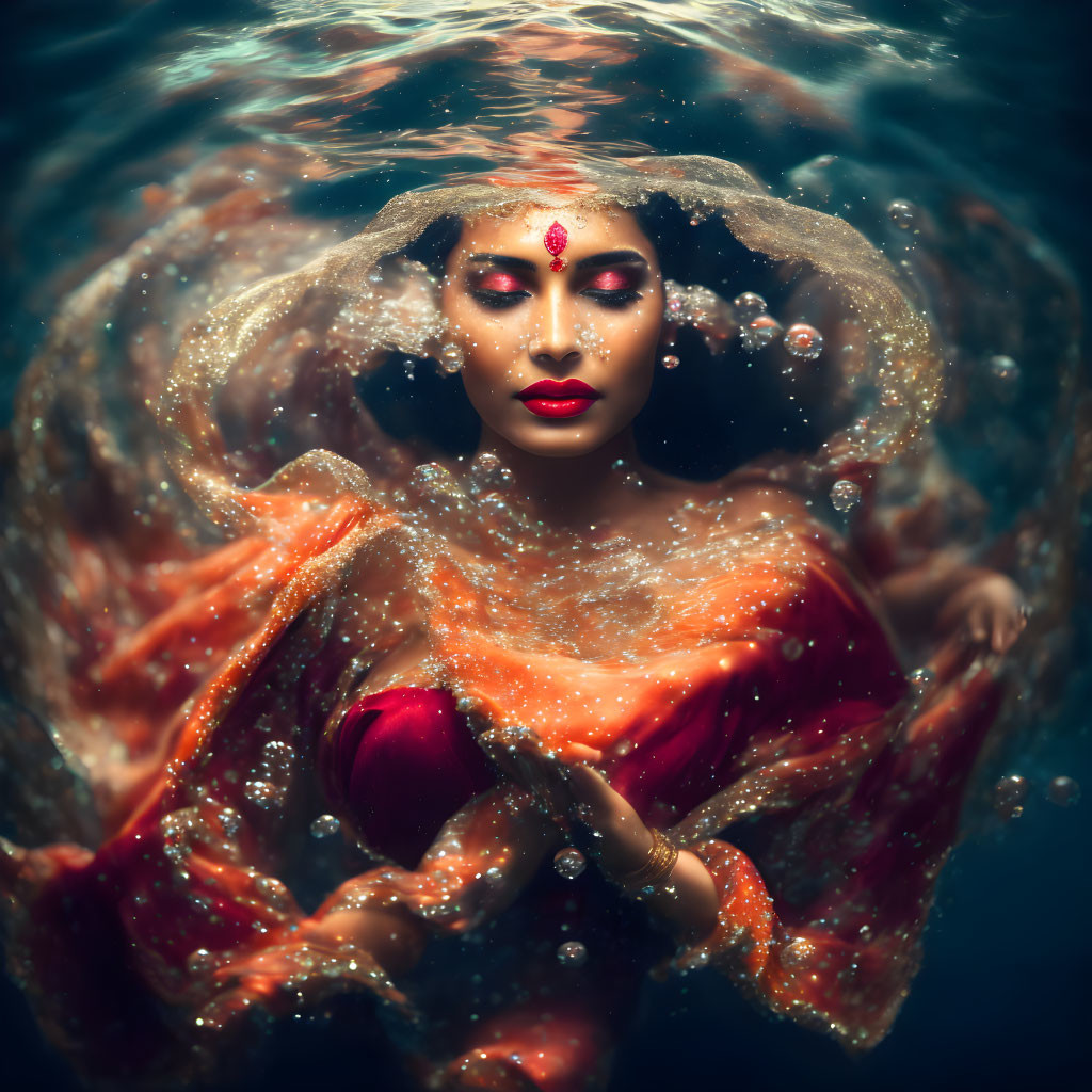 Woman in ornate makeup and red outfit floating underwater peacefully