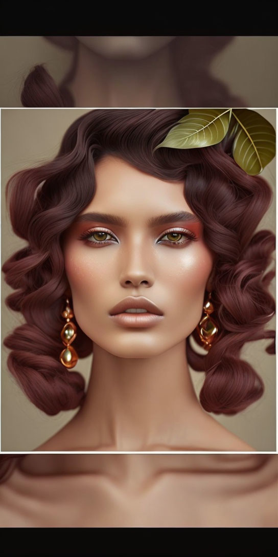 Portrait of a woman with wavy hair, bold eye makeup, gold earrings, and leaf hair accessory