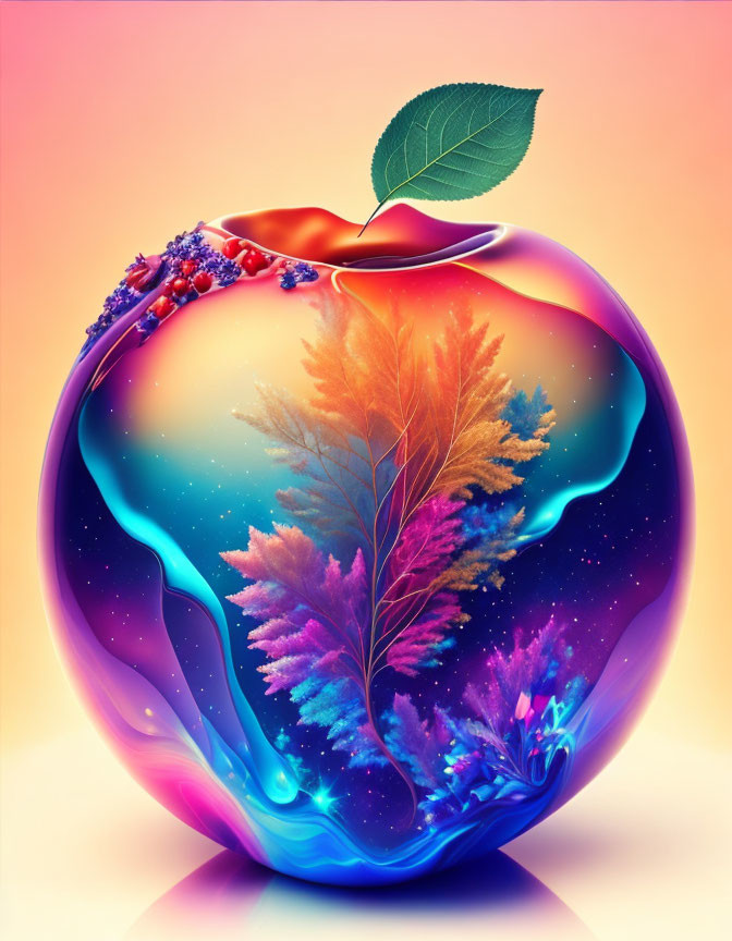 Colorful Apple Artwork with Cosmic and Floral Motif