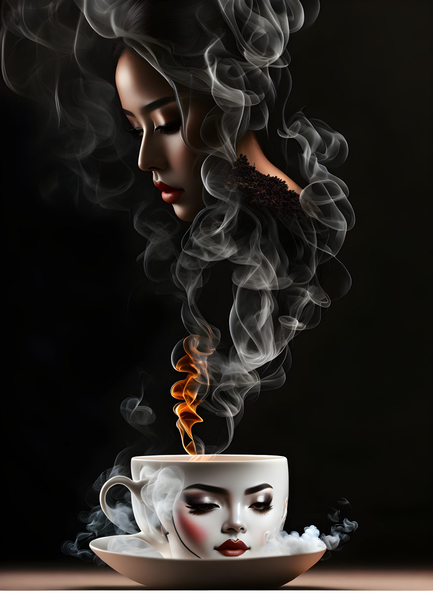 Surreal artwork: Woman's face merges with coffee cup emitting steam