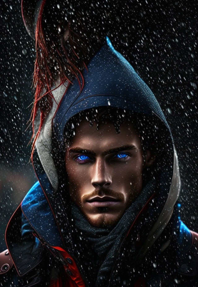 Person with Blue Eyes in Hooded Outfit Standing in Rain