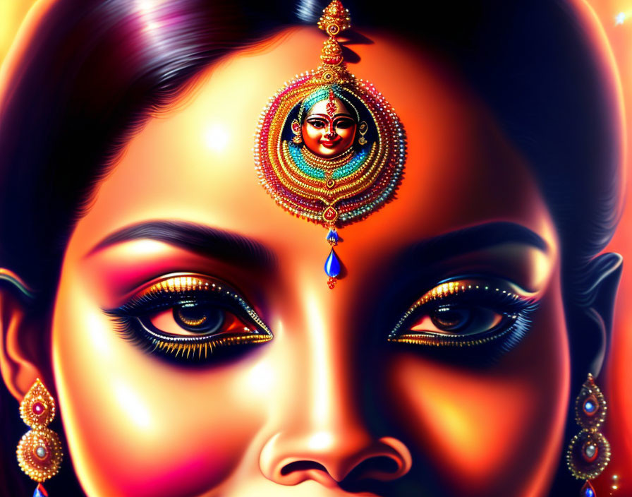 Vibrant digital artwork: woman's eyes with Indian jewelry and goddess bindi.