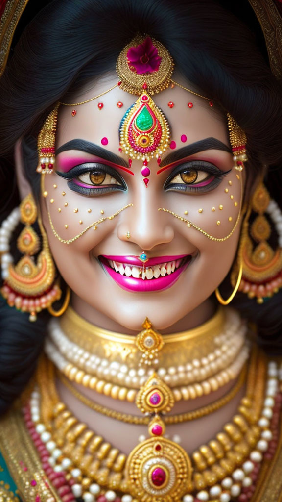 Traditional Indian jewelry, red bindi, henna designs on woman - elegant and joyful