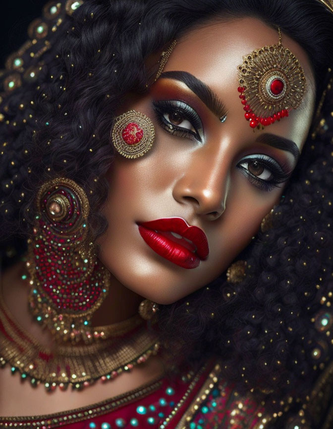 Woman Wearing Gold Jewelry and Bold Makeup on Dark Background