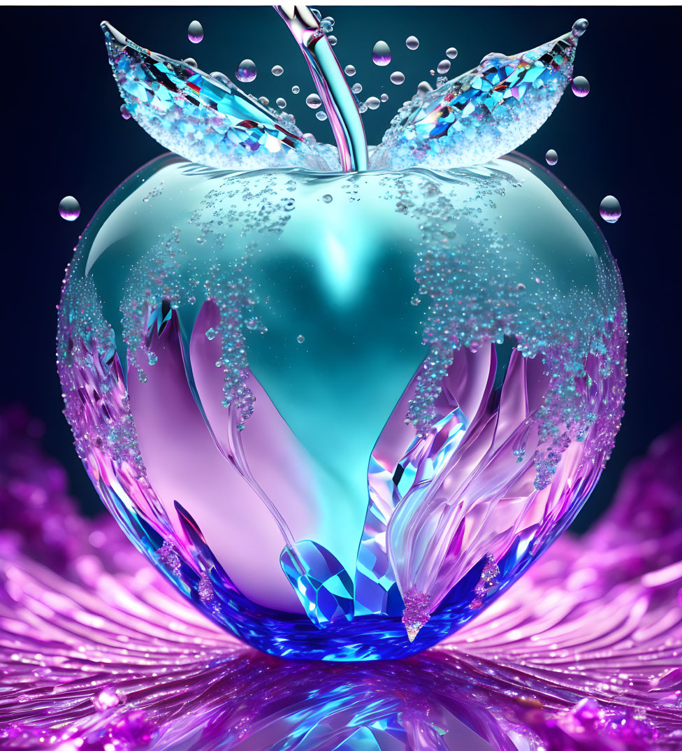 Crystal apple with water droplets on purple background