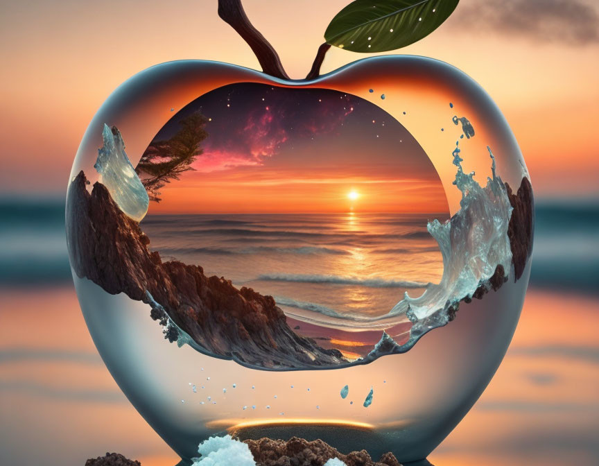 Apple-shaped Frame with Beach Sunset Scene and Water Splash Effect