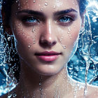 Detailed close-up portrait of woman's face with water droplets on glass.