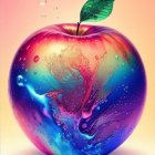 Colorful Apple Artwork with Cosmic and Floral Motif