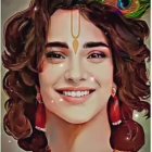 Portrait of a woman with wavy hair, bold eye makeup, gold earrings, and leaf hair accessory