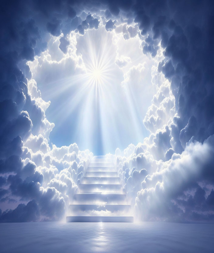 Surreal image: Staircase ascending to radiant sky opening