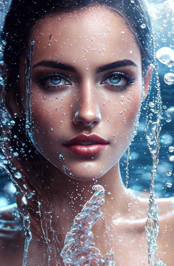 Detailed close-up portrait of woman's face with water droplets on glass.