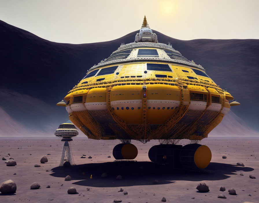 Futuristic spacecraft temple on alien landscape with setting/rising sun