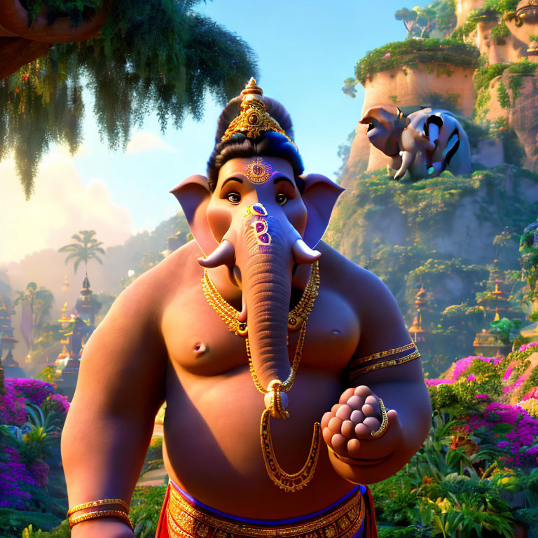 Colorful Lord Ganesha in mystical forest with elephant