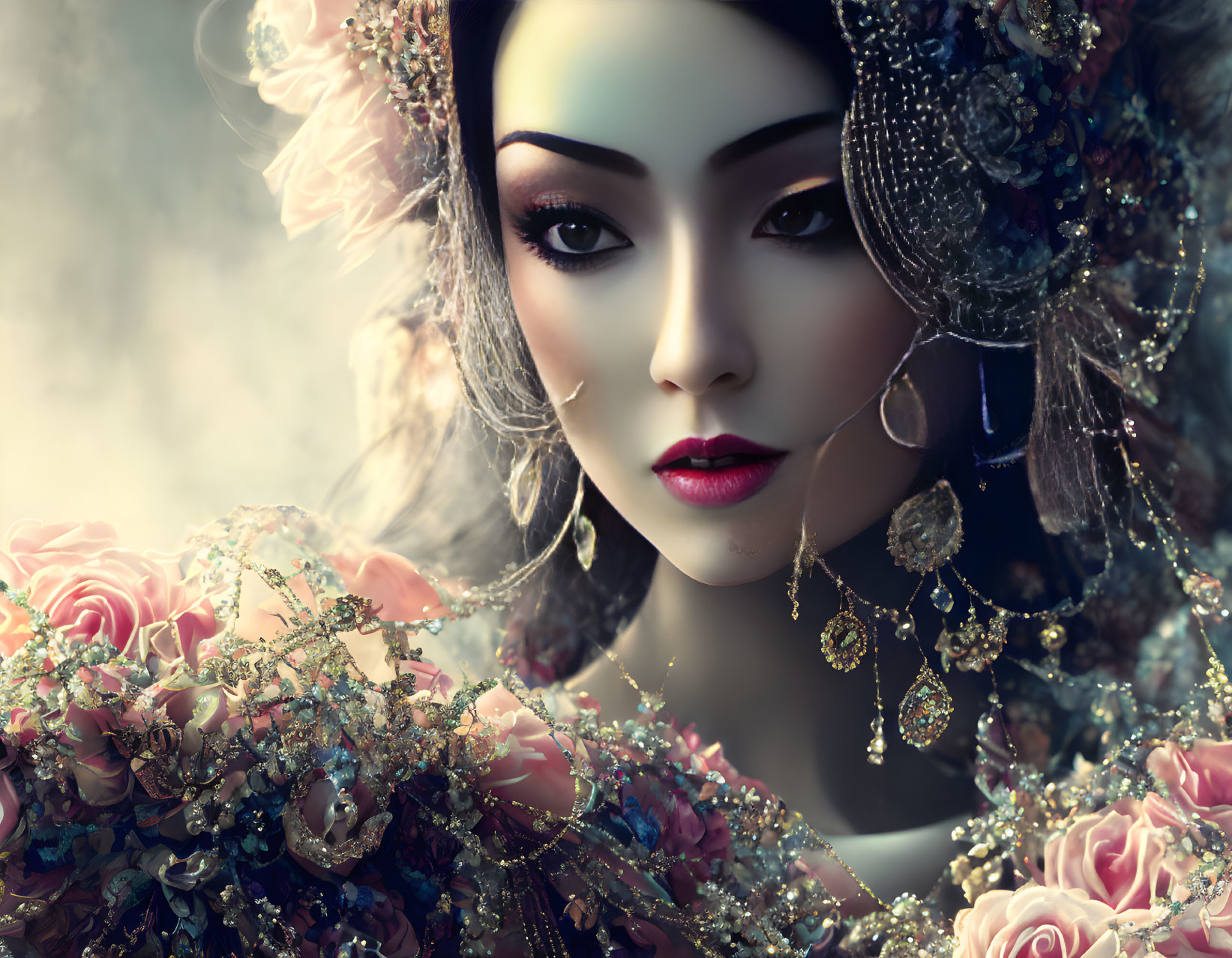 Woman portrait with elaborate headpiece, makeup, flowers, and jewelry in muted colors