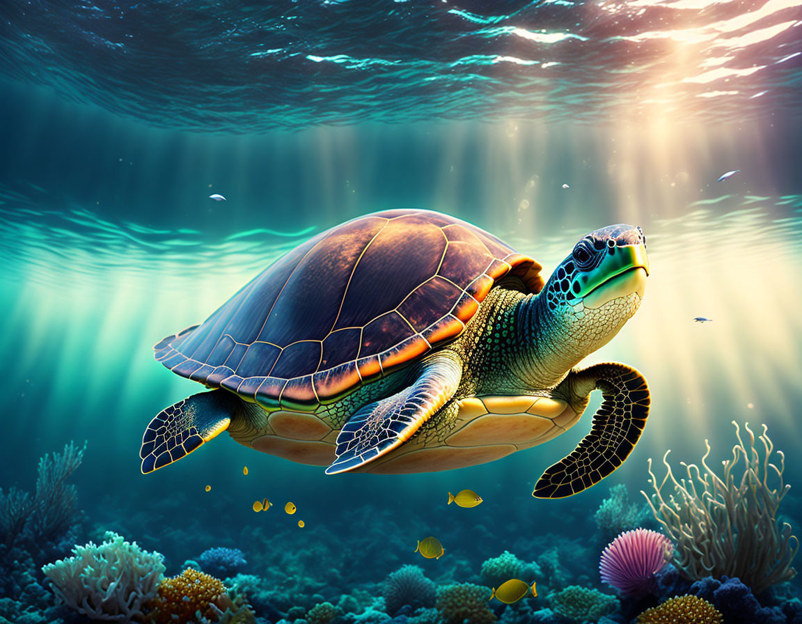 Sea Turtle Swimming Above Colorful Coral Reef with Small Fish