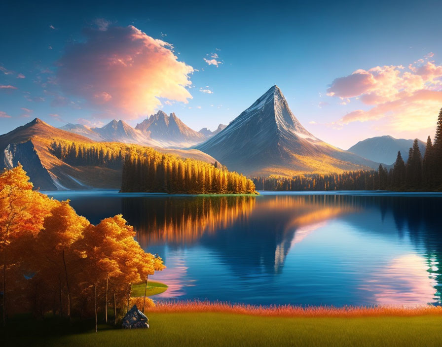 Scenic sunset landscape with lake, autumn trees, mountain, and tent