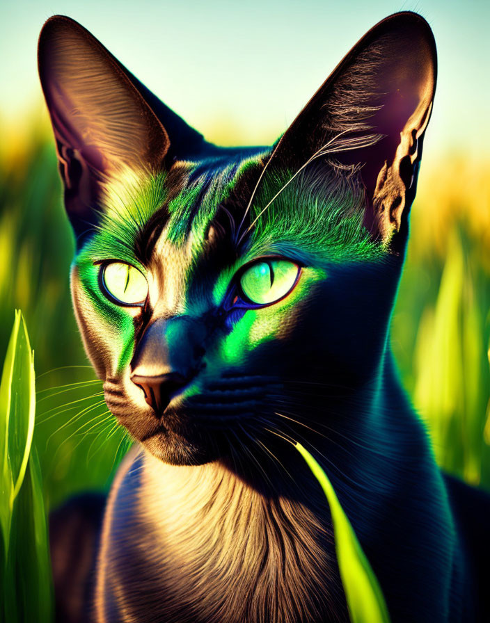 Black cat with luminous green eyes in sunlit grassy field