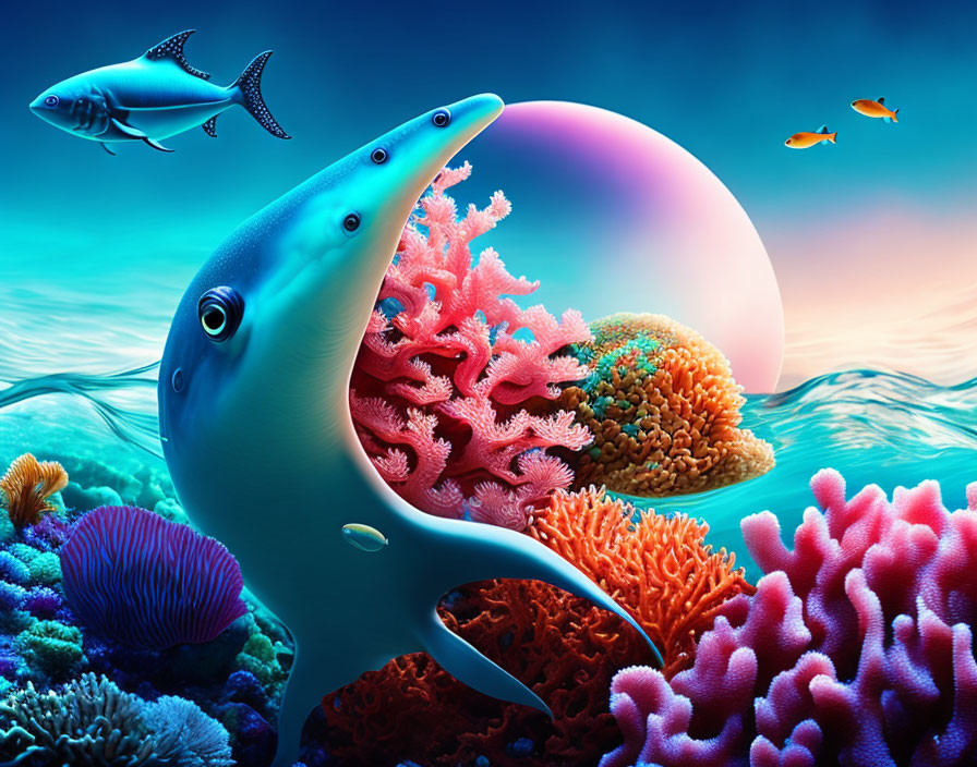 Colorful Underwater Scene with Dolphin, Coral Reefs, Fish, and Large Moon