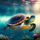 Sea Turtle Swimming Above Colorful Coral Reef with Small Fish