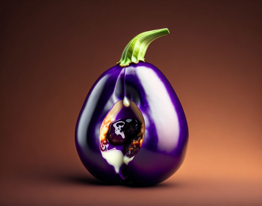 Vibrant purple eggplant with melting effect and gooey orange center