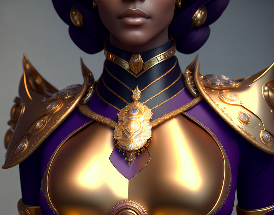 Digital art portrait: Woman in gold armor and purple attire with amulet & elegant hairstyle