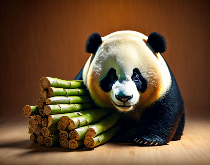 Giant Panda relaxing behind bamboo stack, gazing forward