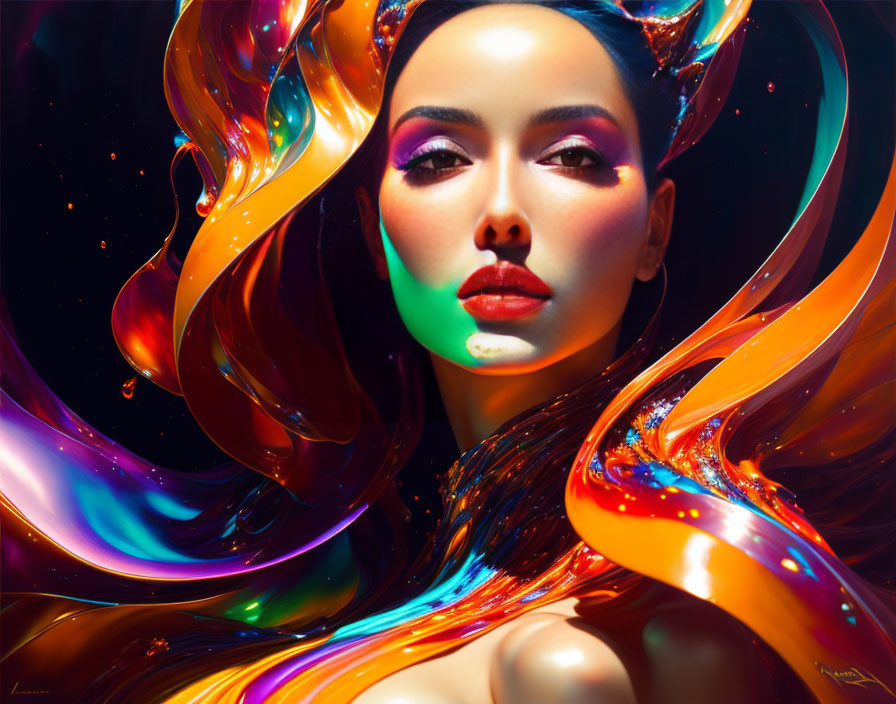 Bold Makeup Woman Surrounded by Vibrant Liquid-Like Colors