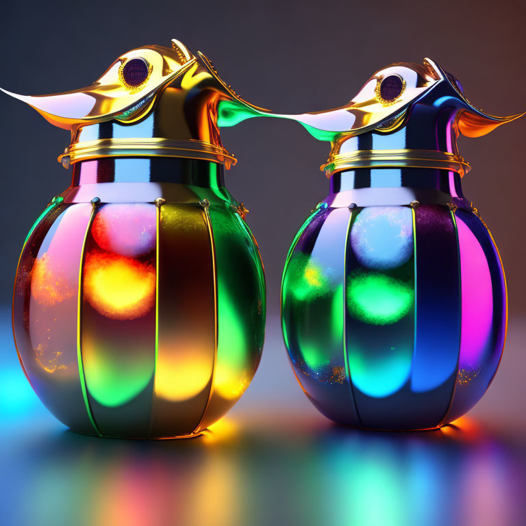 Colorful iridescent 3D-rendered perfume bottles with gold accents on duck-inspired design.