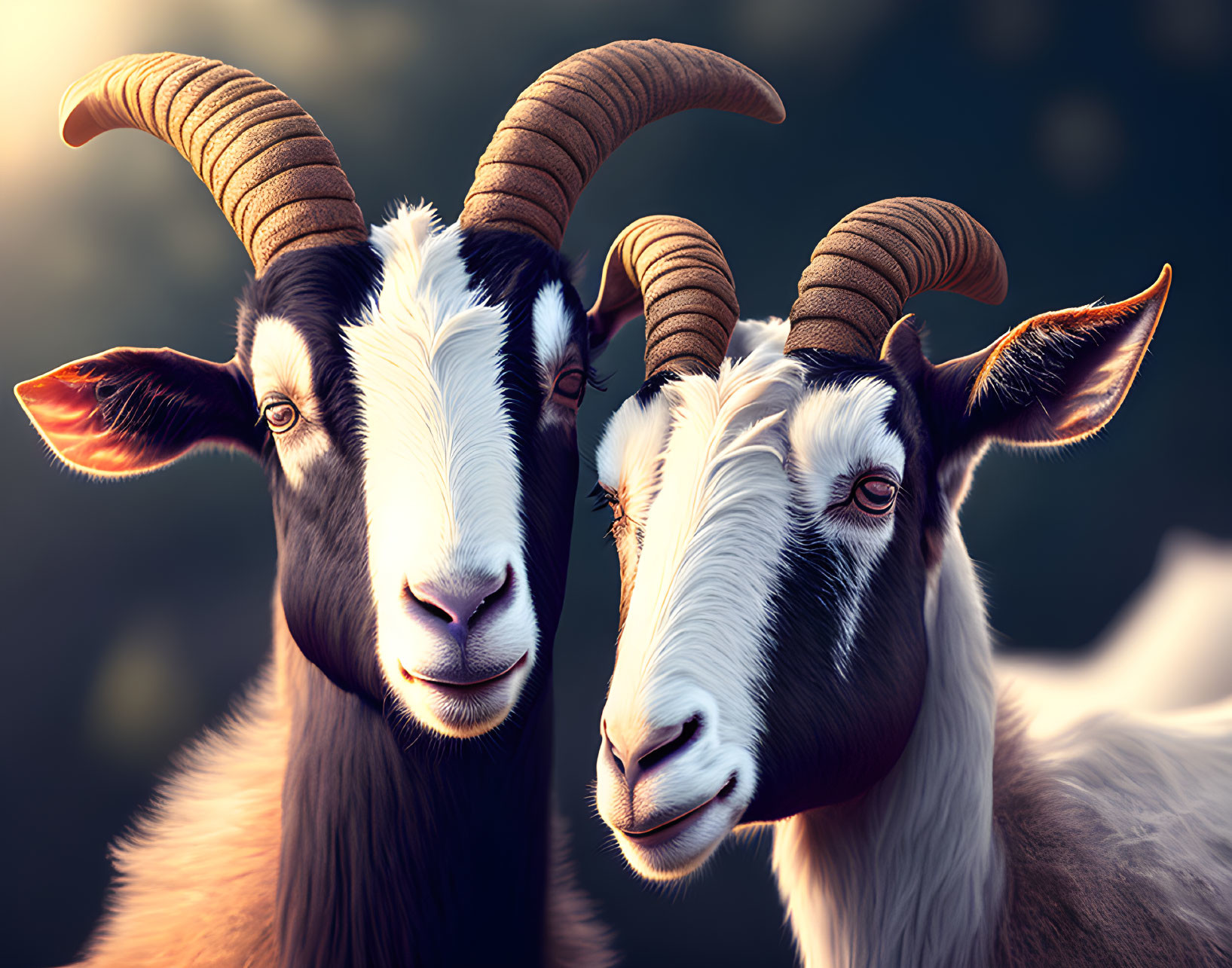 Two Serene Goats with Prominent Curved Horns in Soft Light