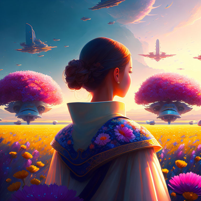 Woman in floral dress admires vibrant alien landscape with floating islands and futuristic ships