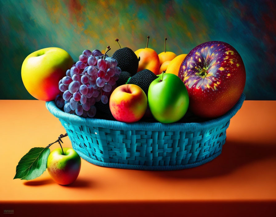 Colorful Fruit Still-Life in Blue Basket on Warm Surface