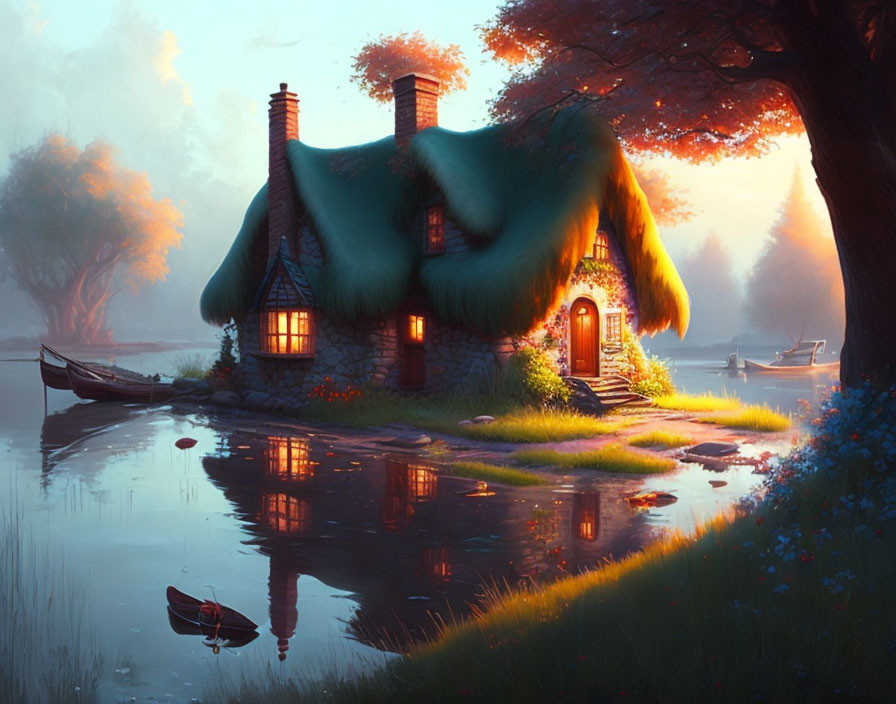 Thatched Cottage by Serene Lake at Sunset