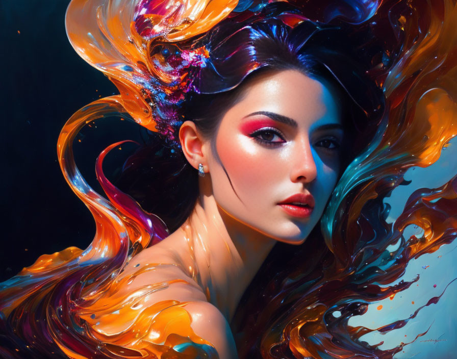 Colorful digital art: Woman with flowing hair in abstract background