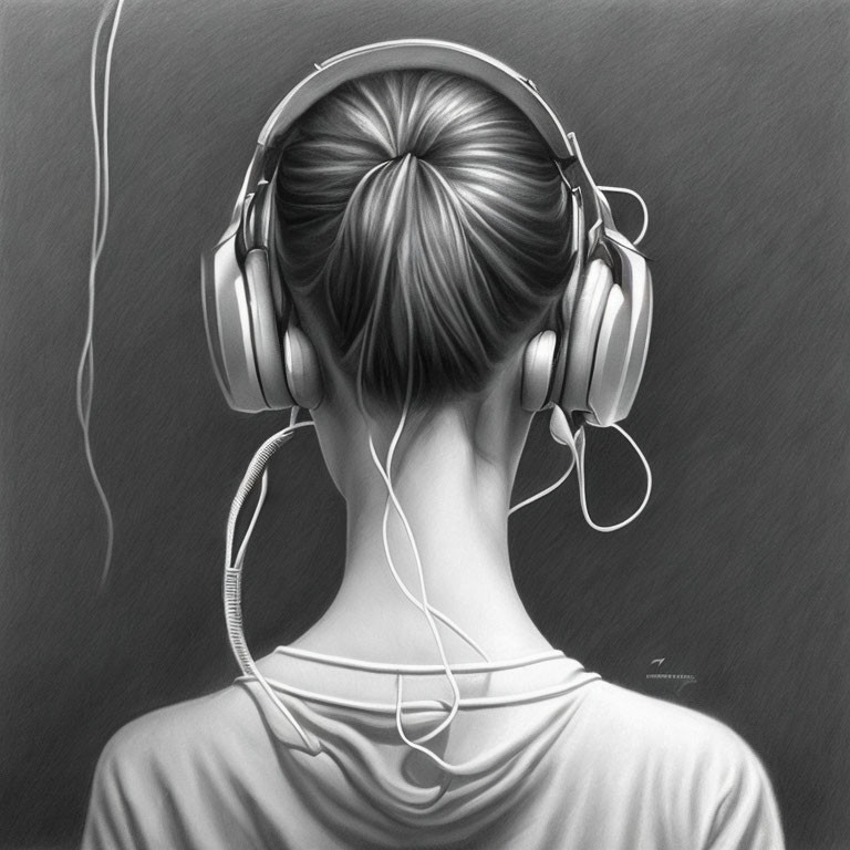 Monochrome illustration of person's head with over-ear headphones, bun hairstyle, dark backdrop