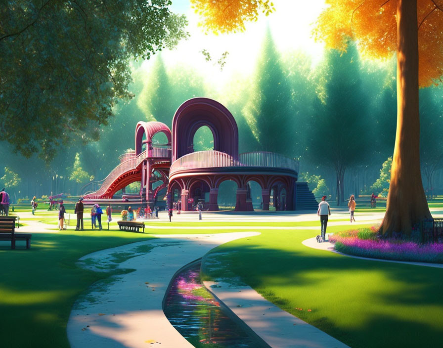 Colorful park scene with vibrant play structure and lush greenery