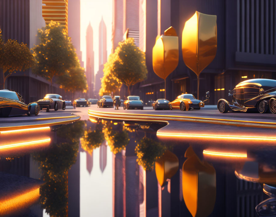 Modern cityscape with sleek cars, futuristic buildings, and stylized trees at sunset