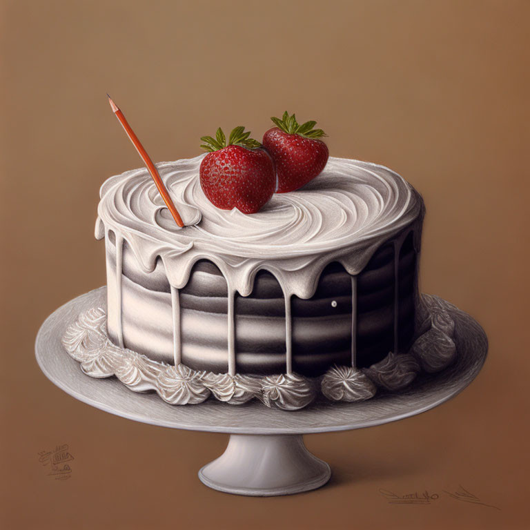 Realistic drawing of chocolate cake with white frosting, strawberries, and pencil on pedestal