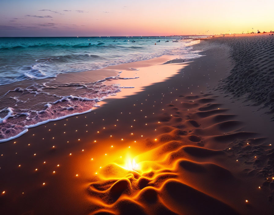 Tranquil beach scene with glowing fire, footprints, and lapping waves