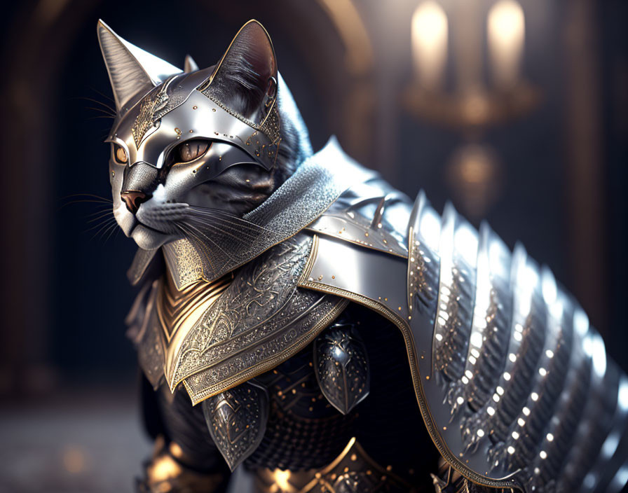 Regal cat in medieval armor with luxurious whiskers